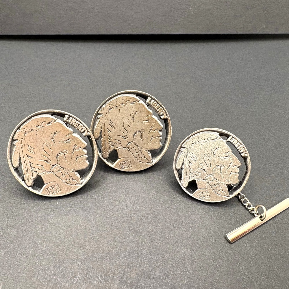 Vintage Indian Head Buffalo Nickel Style Cut Out Cufflinks & Tie Tack Set